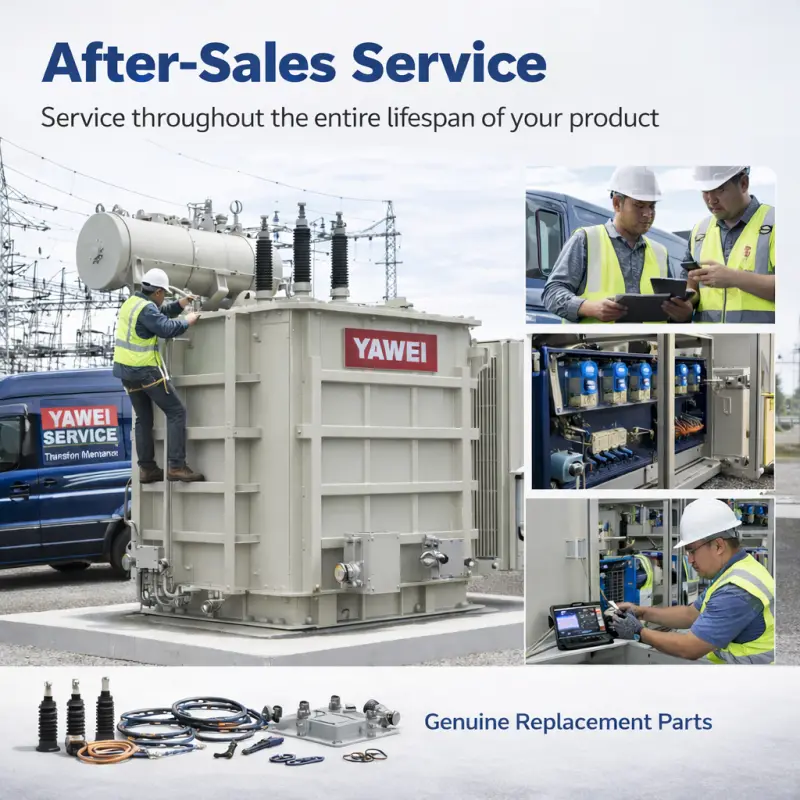 Yawei Transformer after-sales service supporting power transformers for multiple applications, providing installation, maintenance, and technical support for customers in the USA, Canada, Brazil, Australia, and South Africa.