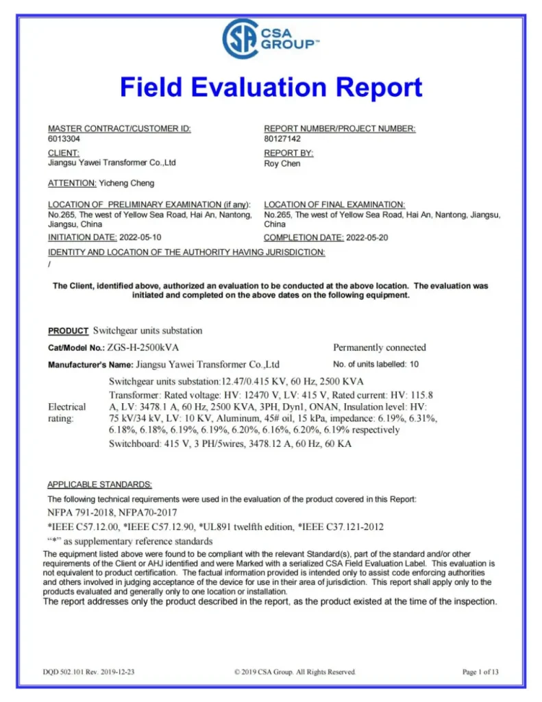 CSA approved power and distribution transformers by Yawei Transformer, electrical transformer manufacturer compliant with Canadian standards for industrial, commercial and utility applications