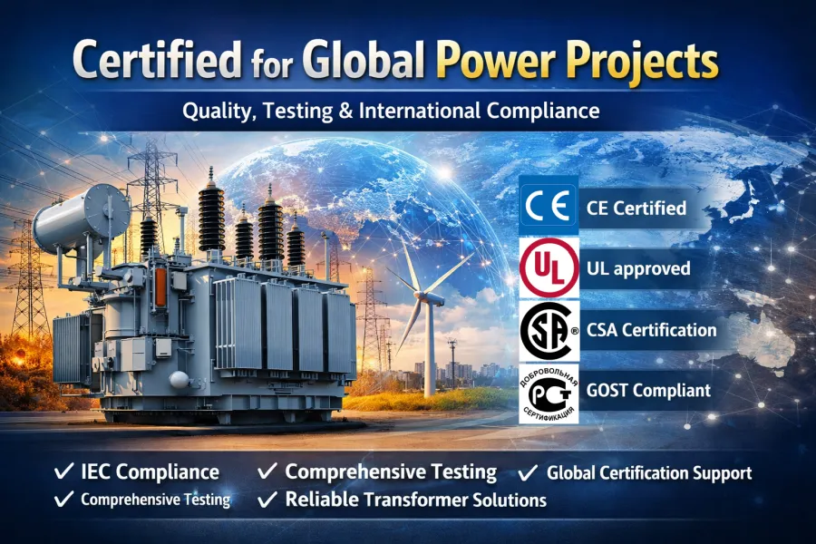 Certified power transformers manufactured by Yawei Transformer, featuring IEC-compliant testing, global quality systems, and factory-level supply for utility and industrial projects across Europe, North America, Africa, and emerging markets.