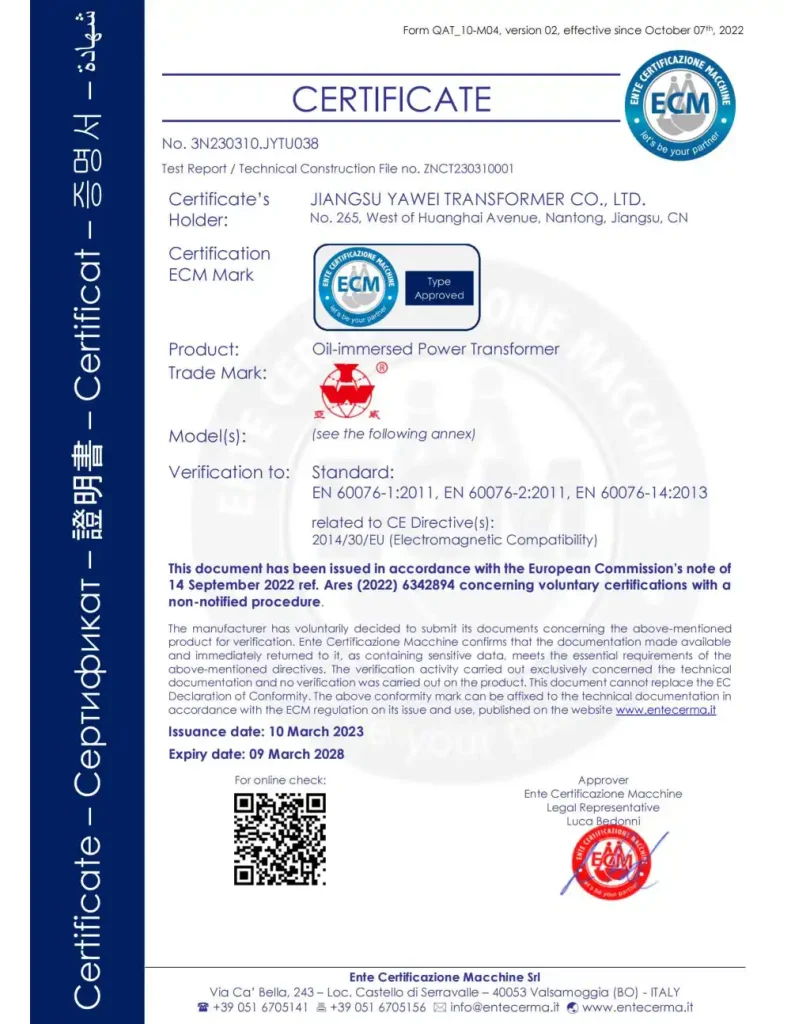 ECM certified power transformers by Yawei Transformer, EU market compliant electrical transformer manufacturer from China for industrial, commercial and utility applications