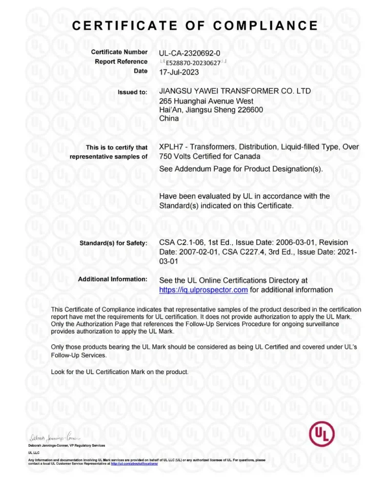 UL listed oil-immersed power transformers by Yawei Transformer China, electrical transformer manufacturer for North American grid applications