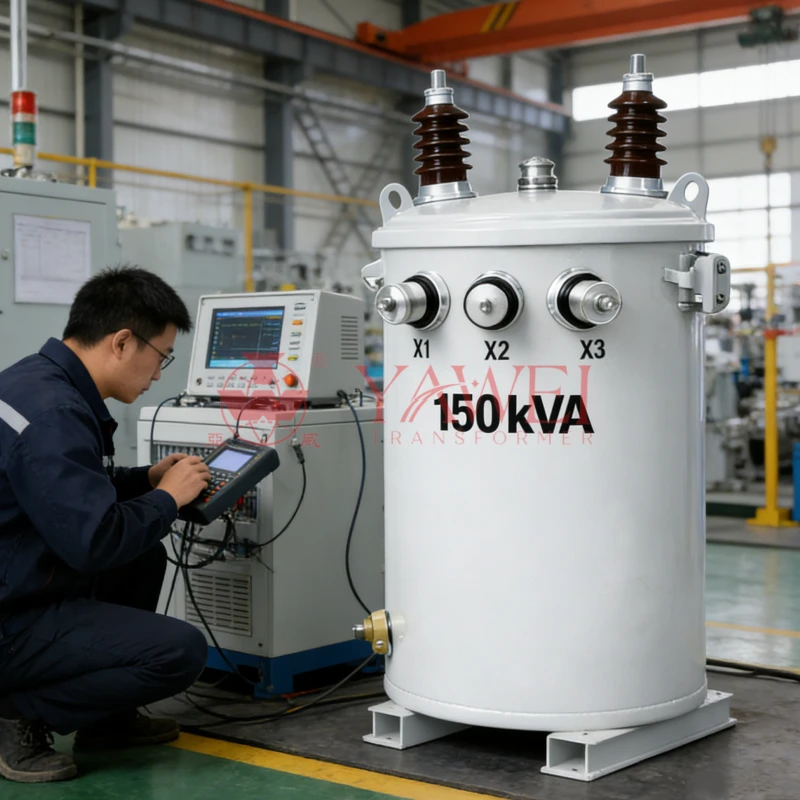 150 kVA ANSI single-phase pole mounted transformer for telephone power, 13.8 kV to 120/240 V, ONAN oil-immersed distribution transformer