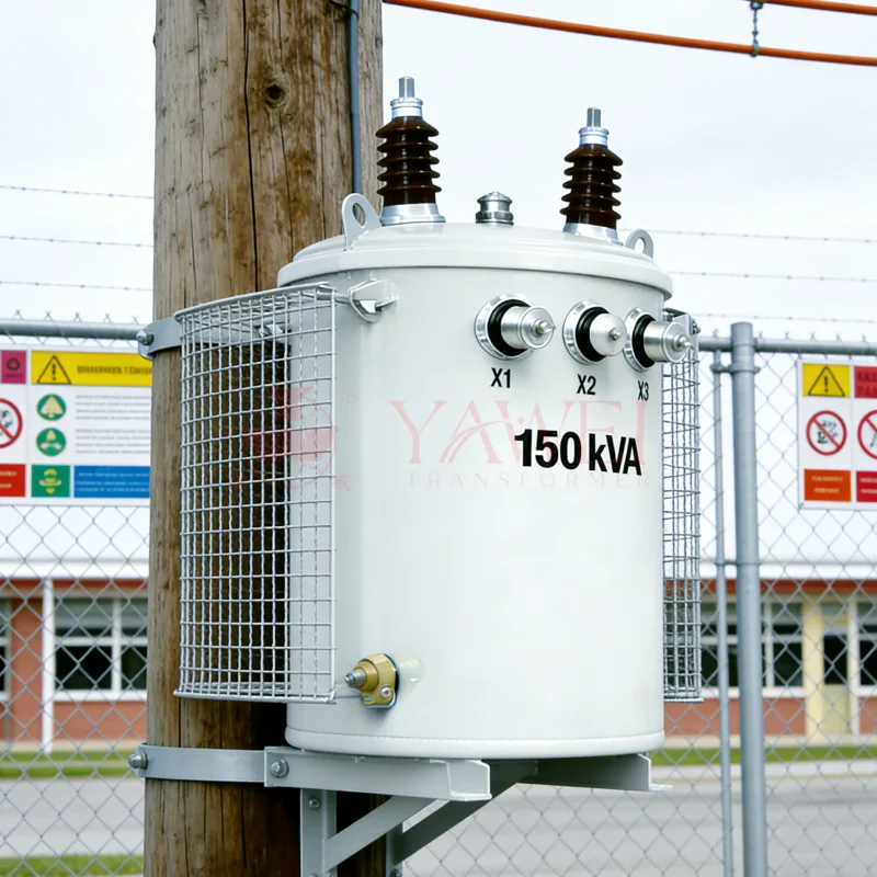 150 kVA pole mounted telephone power transformer, single-phase ONAN oil immersed, 13.8 kV class, factory manufacturer Yawei Transformer