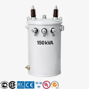 150 kVA single-phase pole mounted transformer, 13.8 kV to 120/240 V ONAN telephone power distribution, manufacturer Yawei Transformer