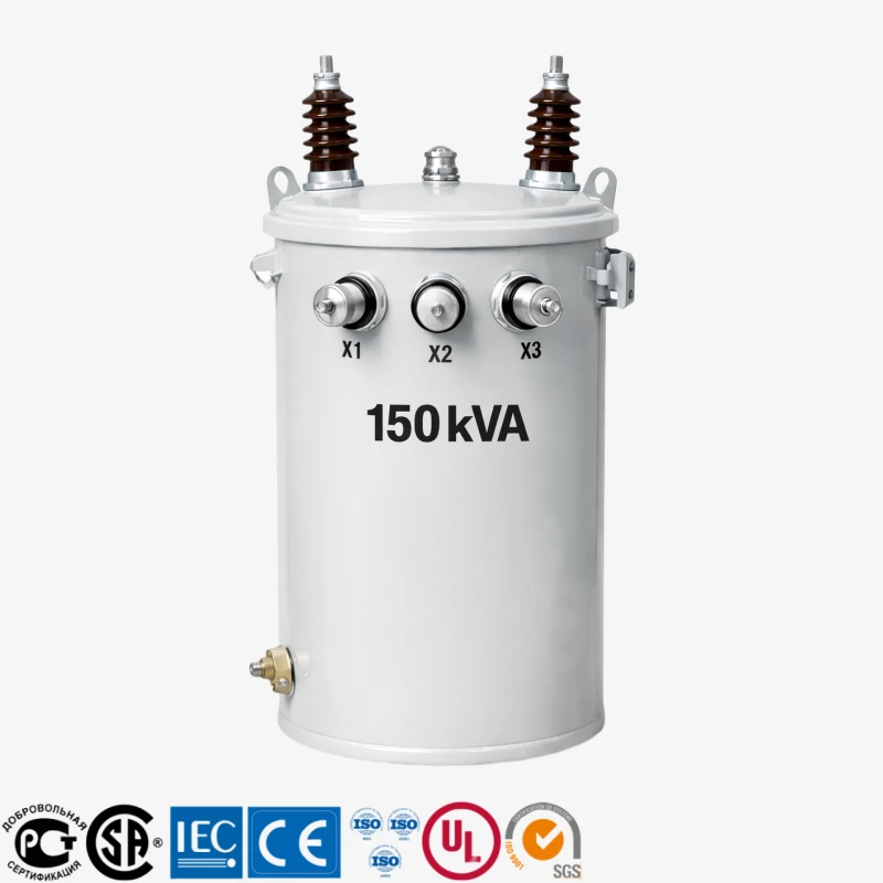 150 kVA single-phase pole mounted transformer, 13.8 kV to 120/240 V ONAN telephone power distribution, manufacturer Yawei Transformer