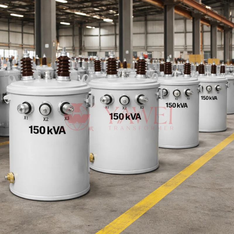 150 kVA single-phase pole mounted transformer, 13.8 kV to 120/240 V ONAN telephone power distribution, factory manufacturer Yawei Transformer