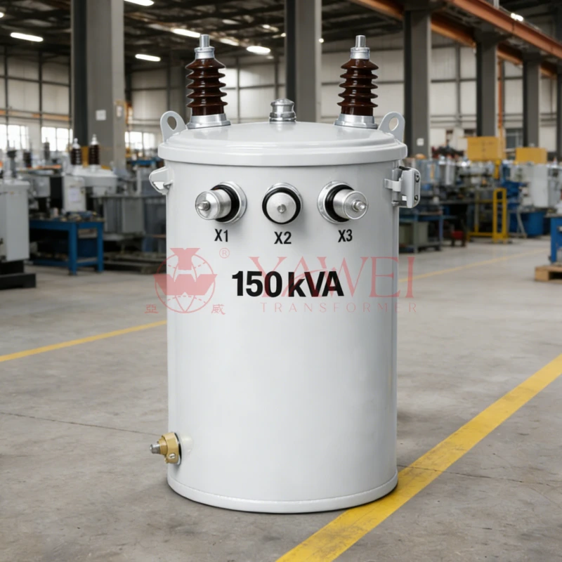 150 kVA single-phase telephone power pole mounted transformer, 13.8 kV to 120/240 V ONAN oil immersed, manufacturer Yawei Transformer