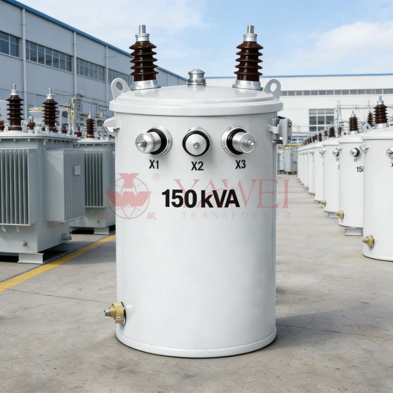 150 kVA telephone power distribution transformer, pole mounted, 13.8 kV to 120/240 V, single-phase ONAN, manufacturer Yawei Transformer