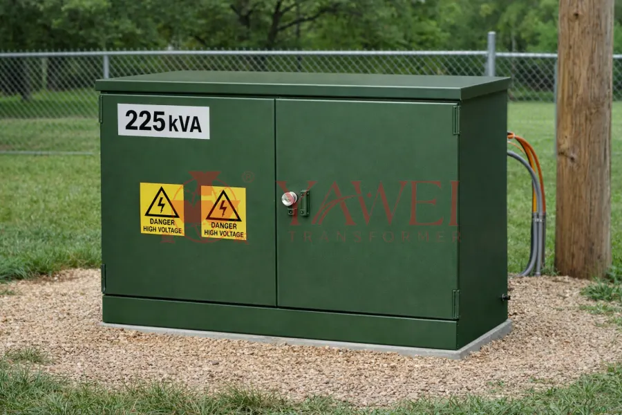 225 kVA pad-mounted distribution transformer for Latin America, custom medium-voltage to low-voltage design, manufactured for underground power distribution across North and South America by Yawei Transformer