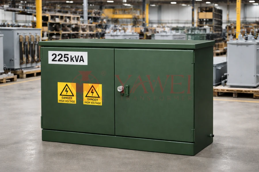 225 kVA pad mounted transformer for sale designed for utility and industrial power distribution, ANSI IEEE certified construction with reliable performance, factory-direct supply by Yawei Transformer