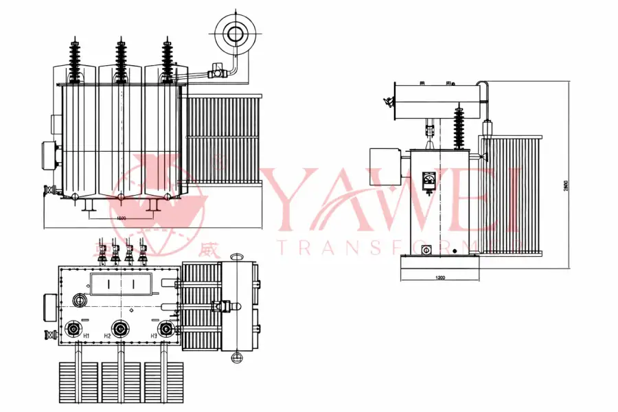 3000 kVA three-phase oil-immersed substation transformer with technical drawings for industrial utility and infrastructure power projects, medium voltage range 6 kV–35 kV, oil-filled power and distribution transformer manufactured in factory for wholesale supply and custom solutions, full capacity range up to 10000 kVA for USA Canada UK Germany France Spain Italy Australia Mexico Argentina Brazil and global markets by Yawei Transformer