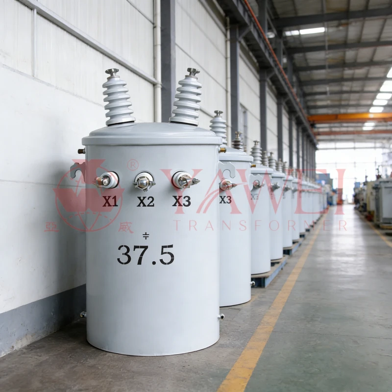 37.5 kVA ANSI utility telephone pole mounted transformer for overhead distribution lines, primary voltage 7.2kV 12.47kV 13.8kV, secondary 120/240V, oil immersed pole mounted distribution transformer