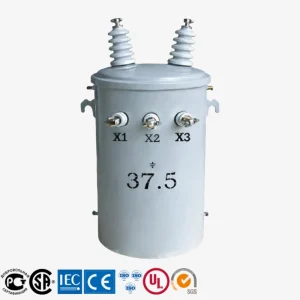 37.5 kVA telephone pole mounted distribution transformer for overhead power distribution, primary voltage 7.2kV 12.47kV 13.8kV, secondary voltage 120/240V, single phase oil immersed utility transformer