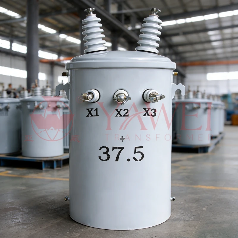 37.5 kVA telephone pole mounted distribution transformer for residential and rural power supply, primary voltage 7.2kV to 13.8kV, secondary voltage 120/240V, single phase oil immersed overhead utility transformer
