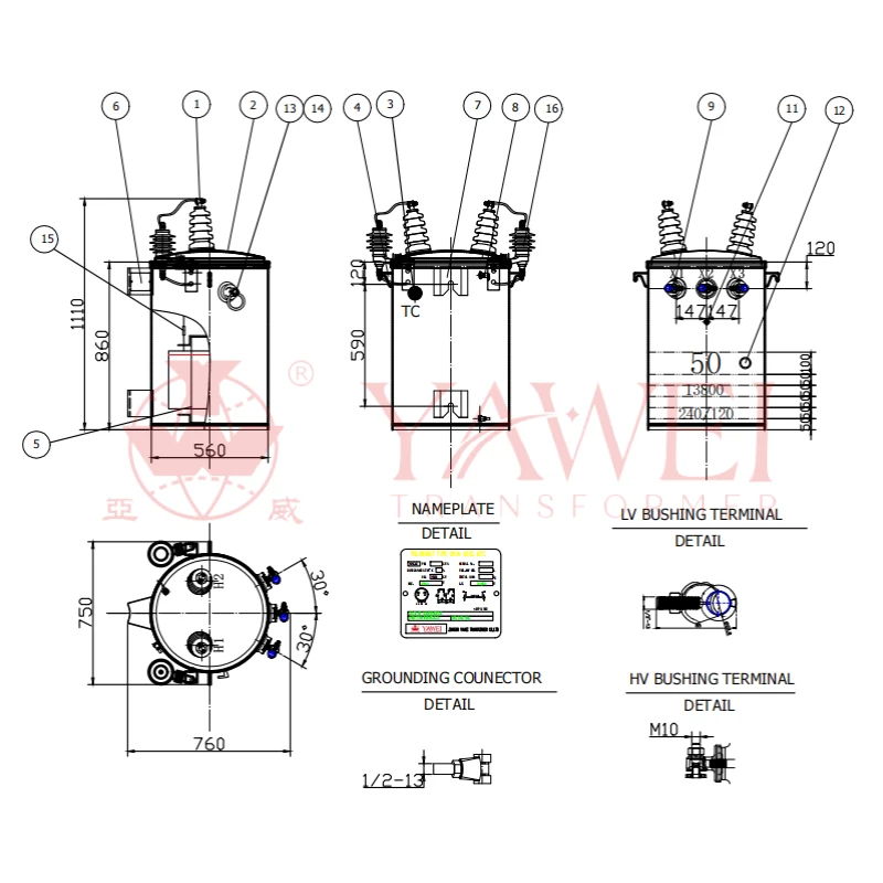 37.5 kVA telephone pole mounted distribution transformer with technical drawings for overhead power distribution, primary voltage 7.2kV 12.47kV 13.8kV, secondary voltage 120/240V, single phase oil immersed utility transformer
