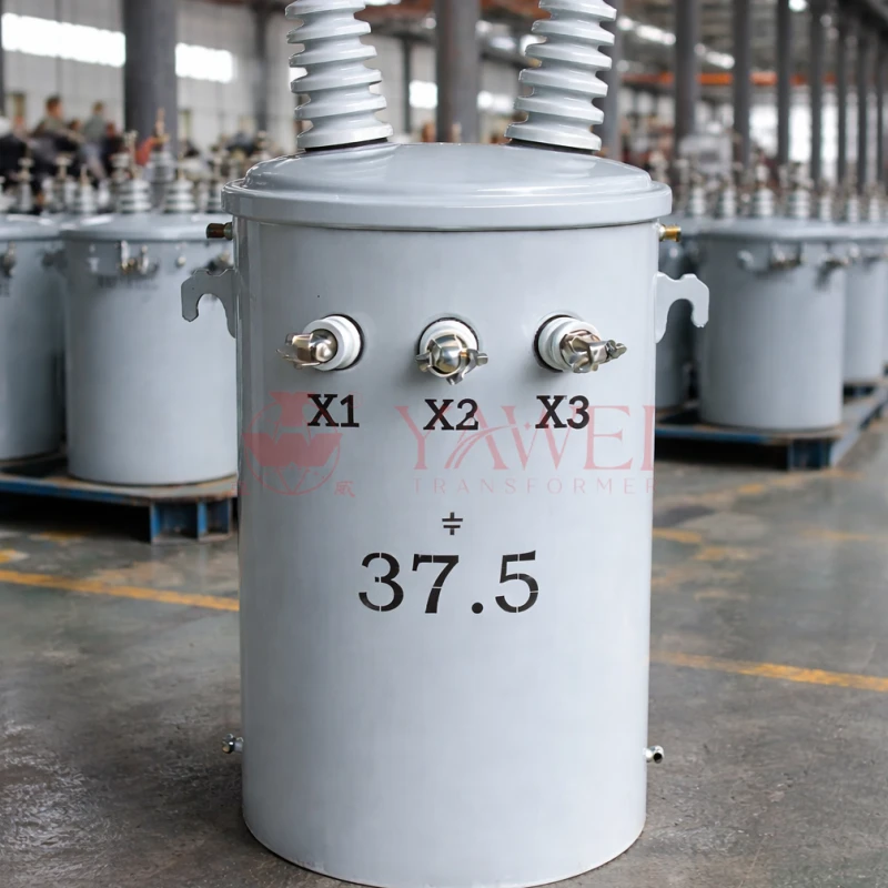 37.5 kVA telephone pole mounted overhead distribution transformer for utility power networks, primary voltage 7.2kV 12.47kV 13.8kV, secondary voltage 120/240V, single phase oil immersed utility transformer