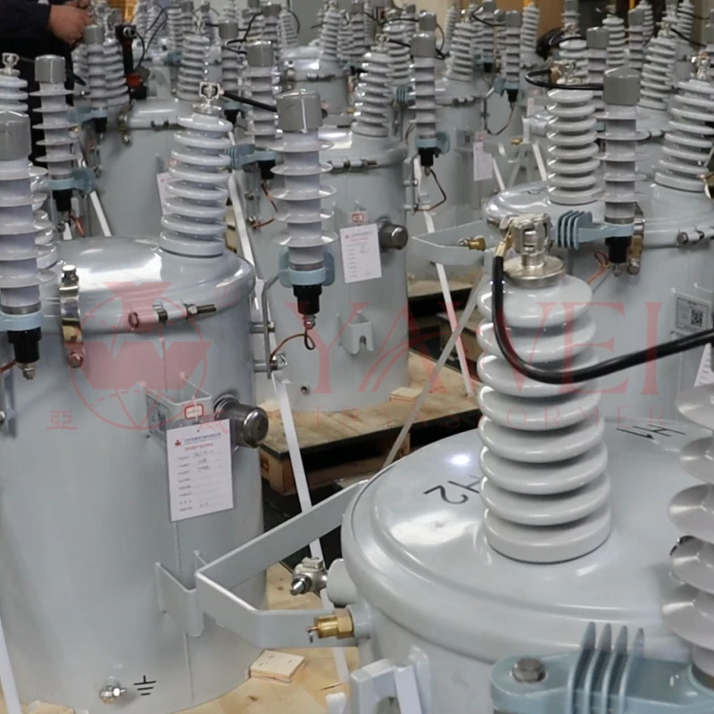37.5 kVA telephone pole mounted single phase distribution transformer, medium voltage 7.2kV to 13.8kV stepped down to 120/240V, oil immersed overhead utility transformer