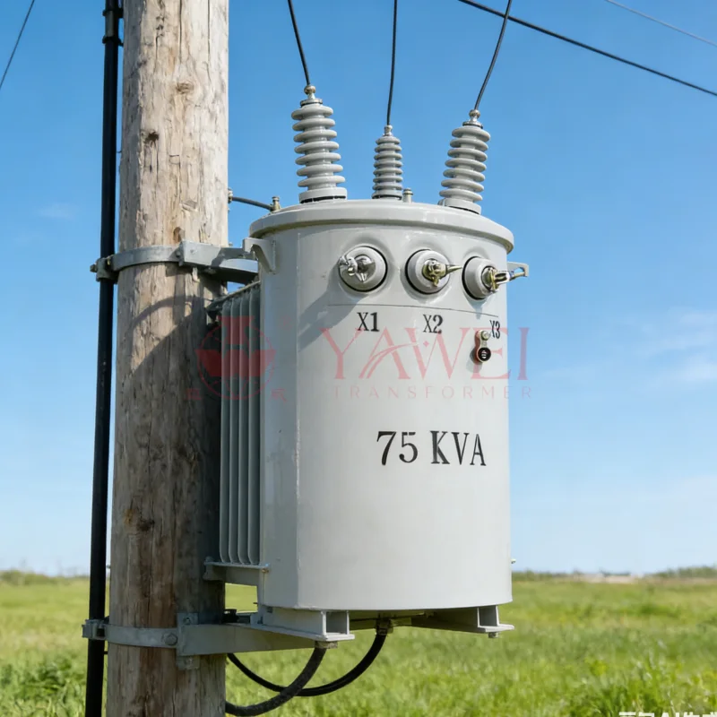 75 kVA electric pole transformer for overhead power distribution, single-phase pole-mounted utility transformer with 13.8kV to 34.5kV primary voltage by Yawei Transformer