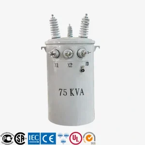 75 kVA single-phase electric pole transformer, pole-mounted utility distribution transformer with 11kV to 34.5kV primary voltage range by Yawei Transformer