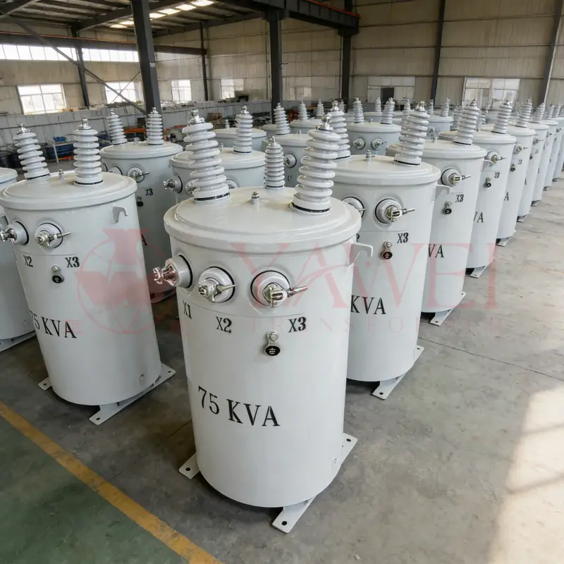 75 kVA single-phase electric pole transformer, pole-mounted overhead utility distribution transformer with 6kV to 34.5kV primary voltage range by Yawei Transformer