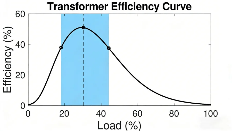 High voltage transformer in industrial substation illustrating efficiency calculation formula, peak efficiency zone, and compliance with international standards (DOE, EcoDesign, GB), manufactured by China-based transformer factory for global wholesale supply.
