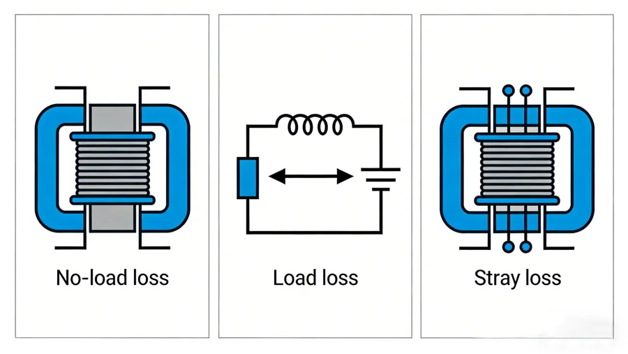 High voltage transformer in industrial substation illustrating total losses including no-load core loss, load copper loss, and stray loss, manufactured by China-based transformer factory for wholesale supply to European and American EPC projects.