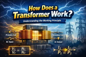 Illustration of a transformer showing primary and secondary windings, magnetic core, AC input and output, and voltage transformation mechanism, including turns ratio formula and electromagnetic induction principles, explaining how a transformer works in power systems