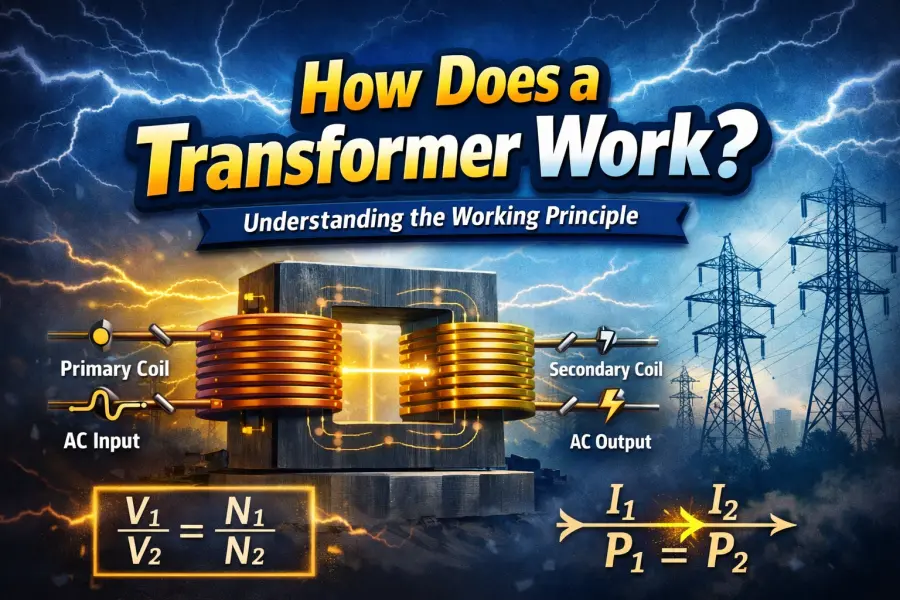 Illustration of a transformer showing primary and secondary windings, magnetic core, AC input and output, and voltage transformation mechanism, including turns ratio formula and electromagnetic induction principles, explaining how a transformer works in power systems