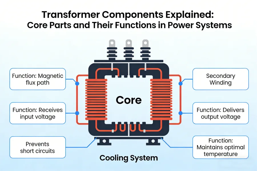 Diagram of a transformer showing its main parts including core, primary and secondary windings, insulation system, cooling components, tap changers, and protection devices, illustrating the components, functions, and construction of a transformer – Yawei Transformer