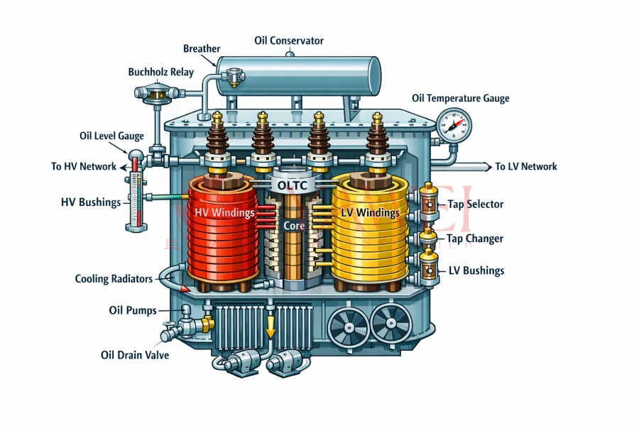 Transformer basics explained showing working principle, key components, and power system applications