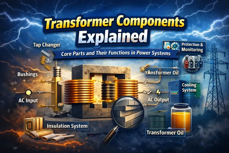 Detailed illustration of a transformer showing core components including magnetic core, primary and secondary windings, insulation system, cooling mechanisms, tap changers, bushings, and protection devices, explaining their functions and construction in power systems – Yawei Transformer