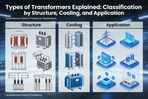 Types of transformers explained showing classification by structure, cooling methods, and power system applications