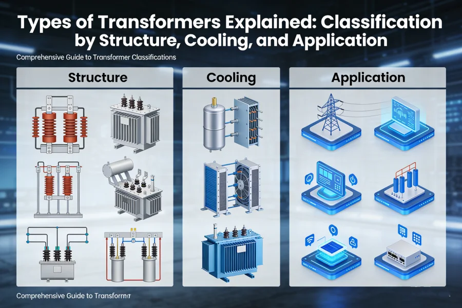Types of transformers explained showing classification by structure, cooling methods, and power system applications