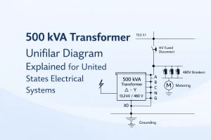 Unifilarer 500-kVA-Transformator für elektrische Systeme in den Vereinigten Staaten, zur Veranschaulichung der Mittel- bis Niederspannungsverteilung, hergestellt von einem chinesischen Transformatorlieferanten für Industrie-, Gewerbe- und Versorgungsprojekte