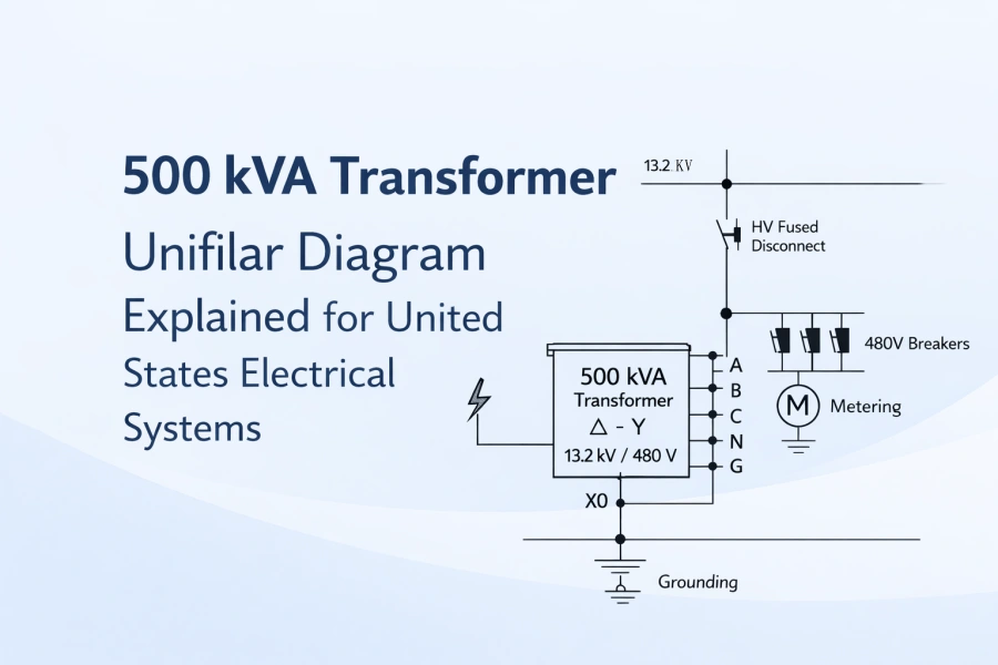 500 kVA transformer unifilar diagram for United States electrical systems, illustrating medium to low voltage distribution, manufactured by China transformer supplier for industrial, commercial, and utility projects