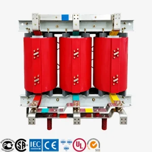2500 kVA three phase cast resin dry type transformer for solar PV and battery energy storage systems, medium voltage 11kV 22kV 33kV indoor power distribution transformer with red epoxy resin coils and industrial steel frame.