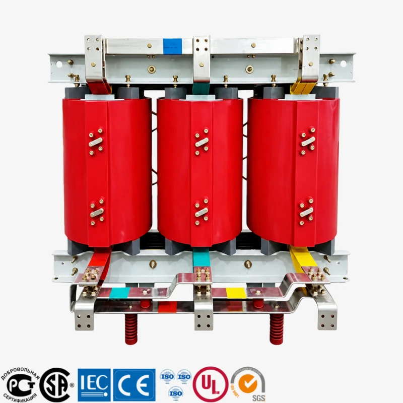 2500 kVA three phase cast resin dry type transformer for solar PV and battery energy storage systems, medium voltage 11kV 22kV 33kV indoor power distribution transformer with red epoxy resin coils and industrial steel frame.