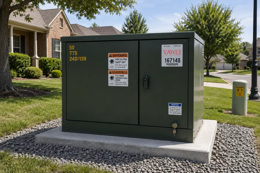Pad-mounted distribution transformer for residential underground power distribution networks, suburban utility systems, and North American electrical infrastructure by Yawei Transformer