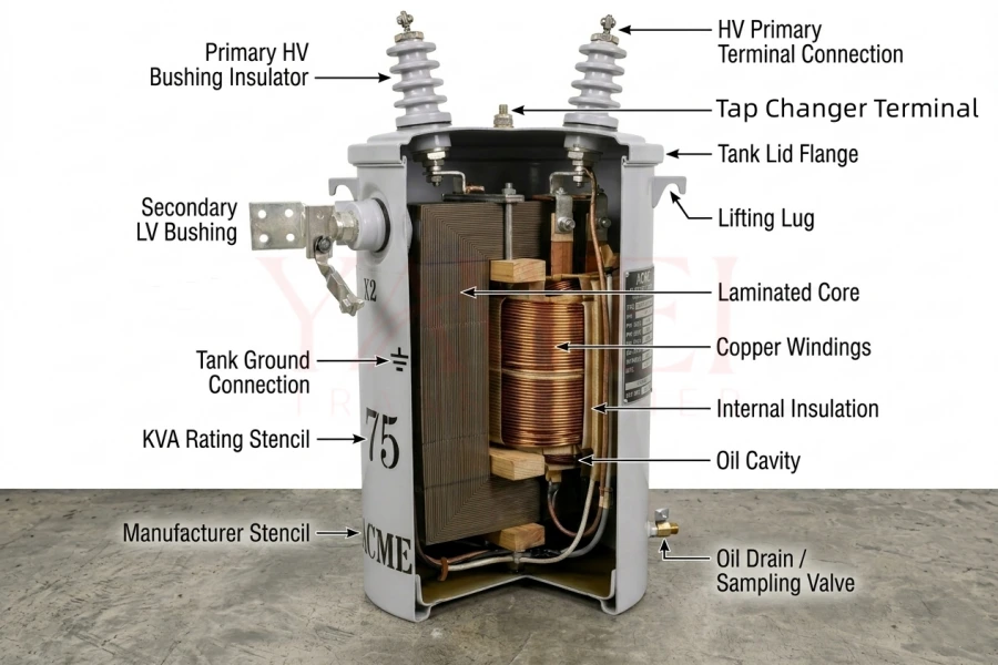 Pole Mounted Transformer Internal Core and Winding Anatomy Technical Diagram Factory Showing Oil Immersed Distribution Transformer Structure Including Core, LV HV Windings, Bushing, Tank, Insulation System, Overhead Utility Design 4.16kV 12.47kV 25kV 34.5kV 120/240V 208V 277/480V 10kVA–5000kVA Yawei Transformer