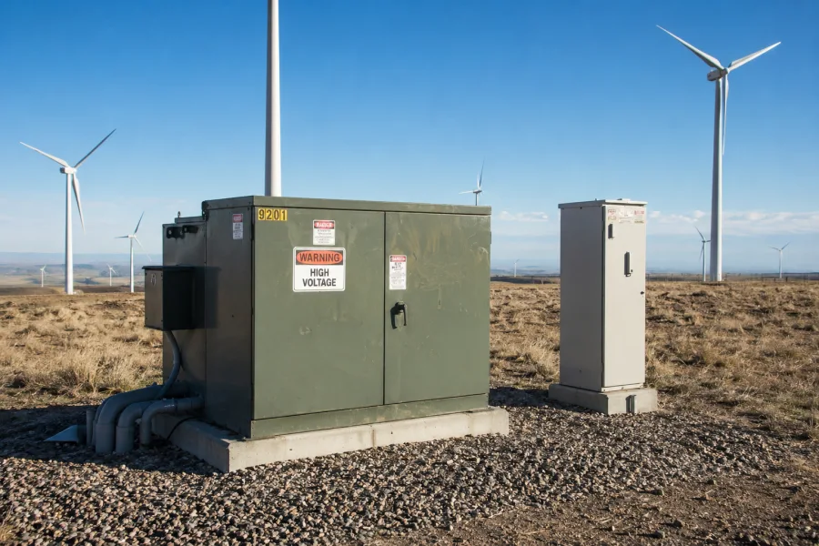 Wind farm compact pad mounted transformer for renewable energy grid connection systems, wind turbine power distribution, and utility-scale wind energy infrastructure by Yawei Transformer