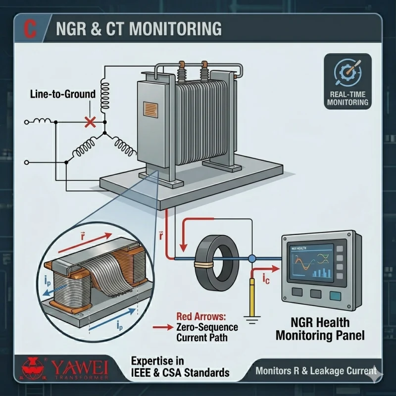 中性點接地變壓器與 NGR 機櫃和電流變壓器監控面板的整合圖。.