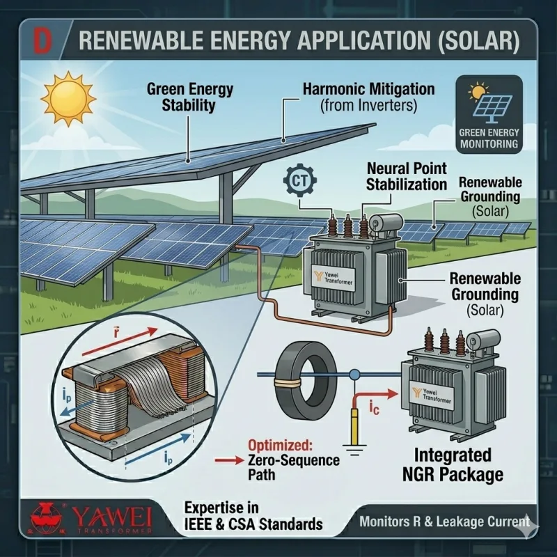 太陽能發電場基礎設施佈局，採用亞威接地變壓器進行諧波緩解和中性點穩定。.