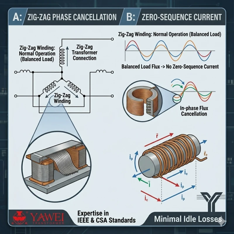 顯示 Zig-Zag 相位消除的技術圖表，以及在不接地系統中建立中性點的必要性。.
