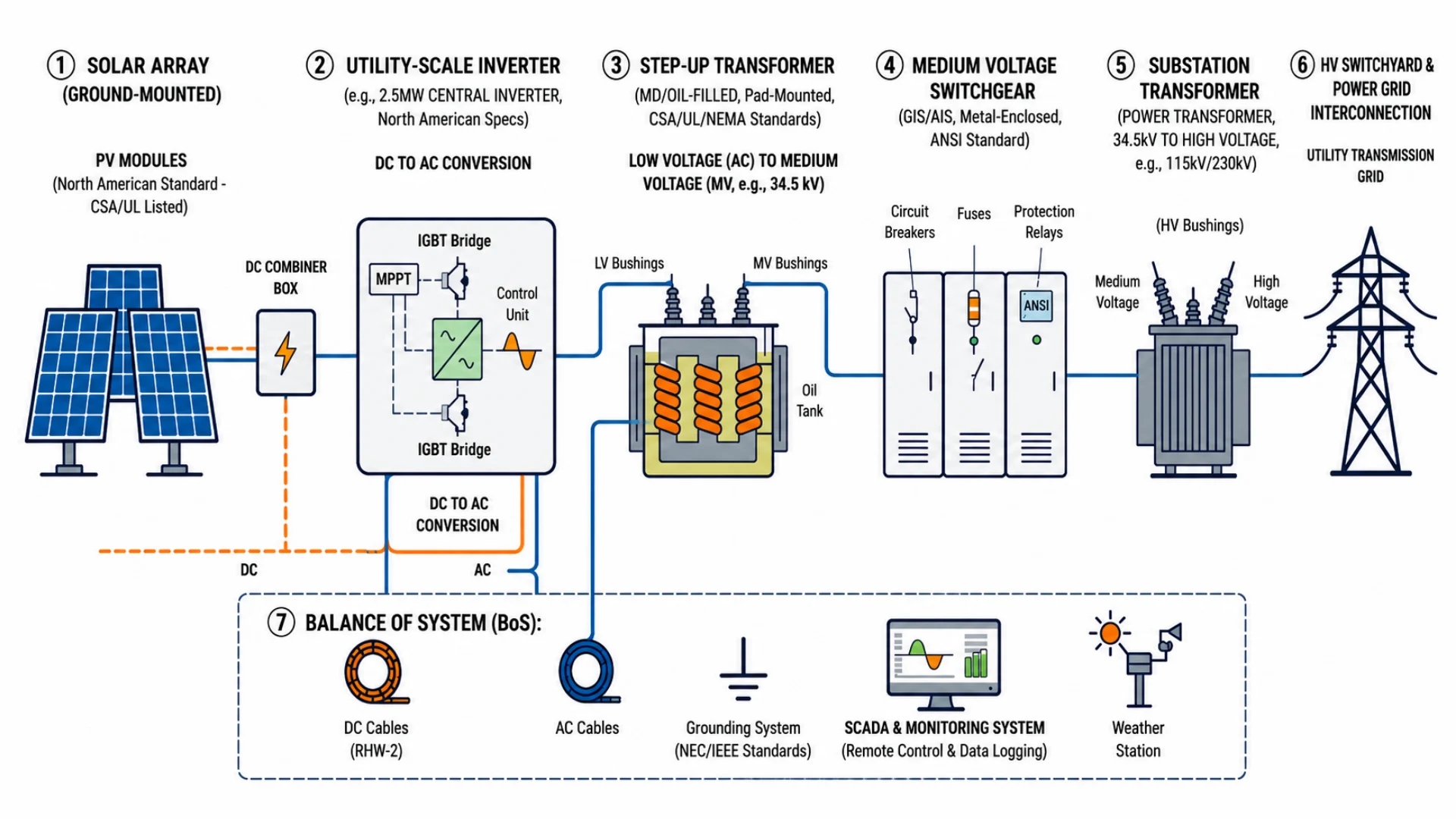 End-to-end solar power and step-up transformer system architecture diagram, compliant with international IEC and IEEE standards.