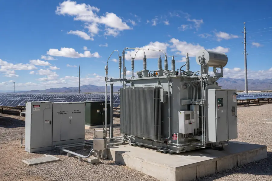 End-to-end solar power and step-up transformer system architecture diagram illustrating a utility-scale photovoltaic power plant connected to the grid through a structured power conversion chain, compliant with IEC and IEEE standards.