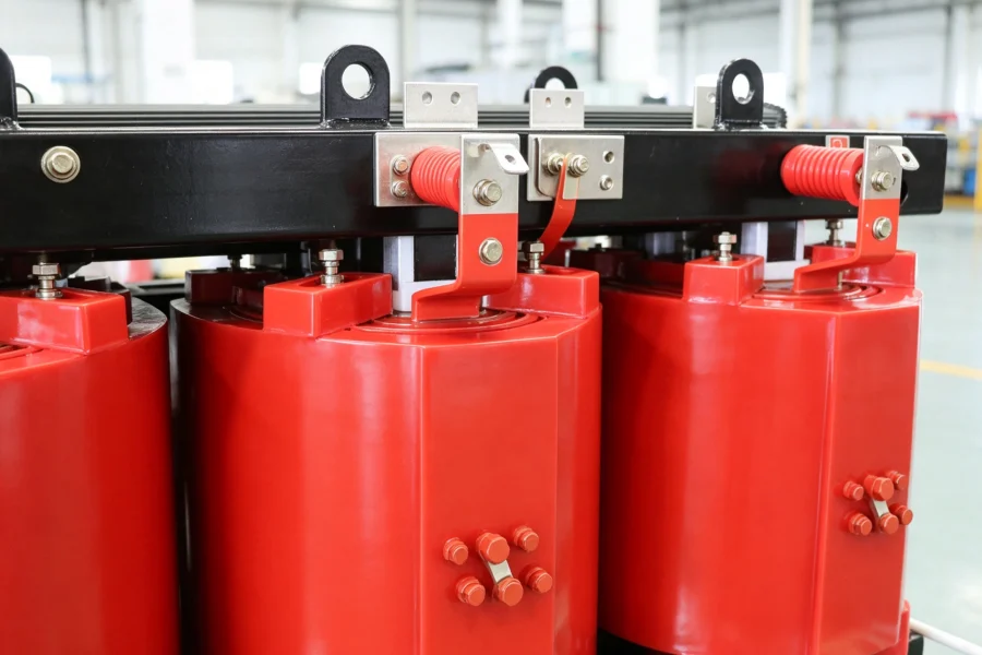 Detailed view of cast resin dry type transformer windings, copper coil conductors, epoxy resin insulation, winding structure, and electrical insulation components designed for medium voltage distribution, industrial power systems, and reliable electrical transformer applications by Yawei Transformer.