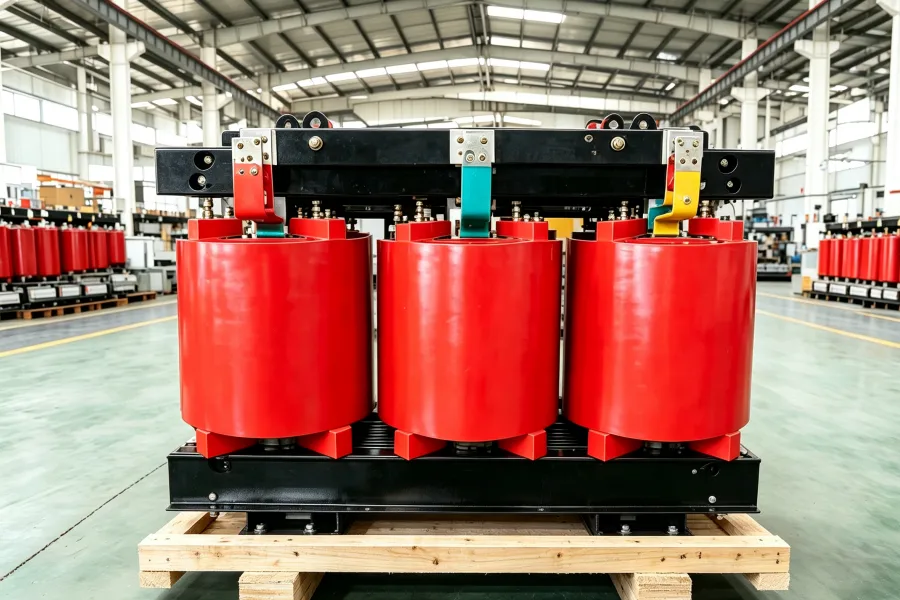 Three phase cast resin dry type distribution transformers prepared for factory testing, featuring epoxy resin insulation, precision copper windings, medium voltage transformer construction, and reliable electrical performance for international industrial power distribution projects by Yawei Transformer.