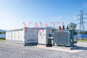 Battery energy storage system with power conversion units and an oil-immersed transformer for grid connection.