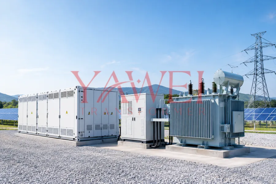 Battery energy storage system with power conversion units and an oil-immersed transformer for grid connection.