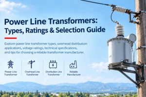 Power line transformers for overhead power distribution systems, including single-phase and three-phase transformers for utility applications
